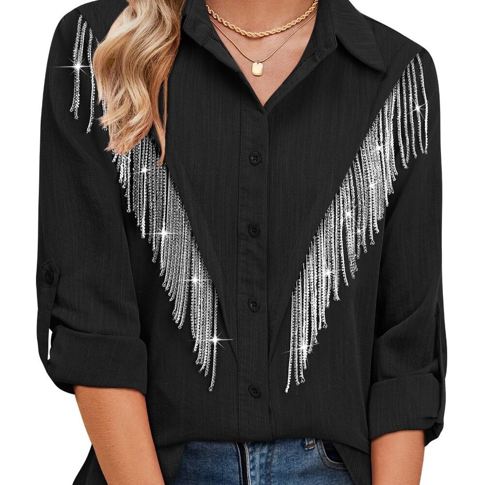 Sparkly Rhinestone Fringe Button Down Shirt 3/4 Sleeve Western Top